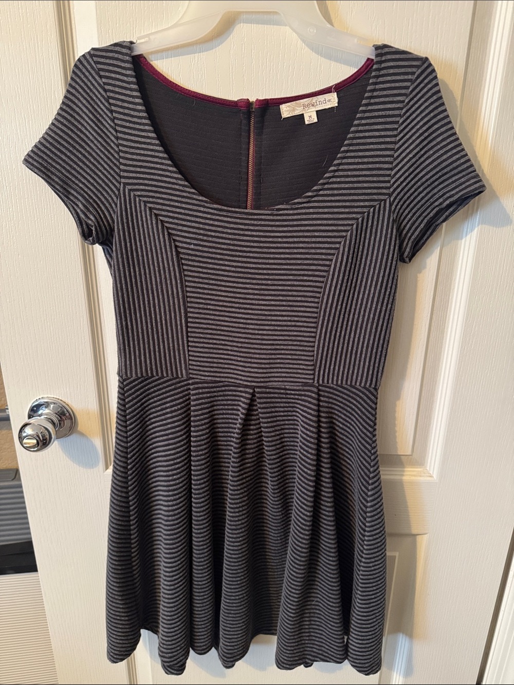 Rewind Black and Gray Striped Fit-and-Flare Mini Dress